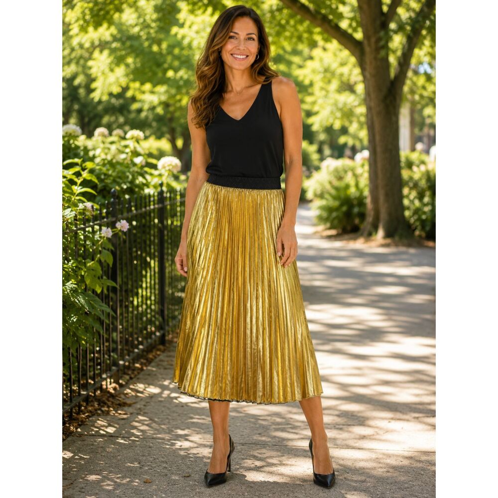 New LuLaRoe Womens Size XL Jill Skirt Metallic Gold Pleated Midi Elastic Waist